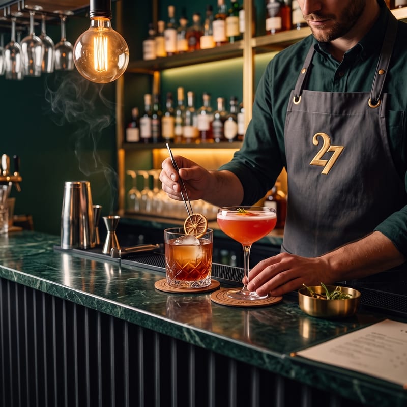 Bartender vid marmorbaren som skapar hantverkscocktails på TWENTYSEVEN