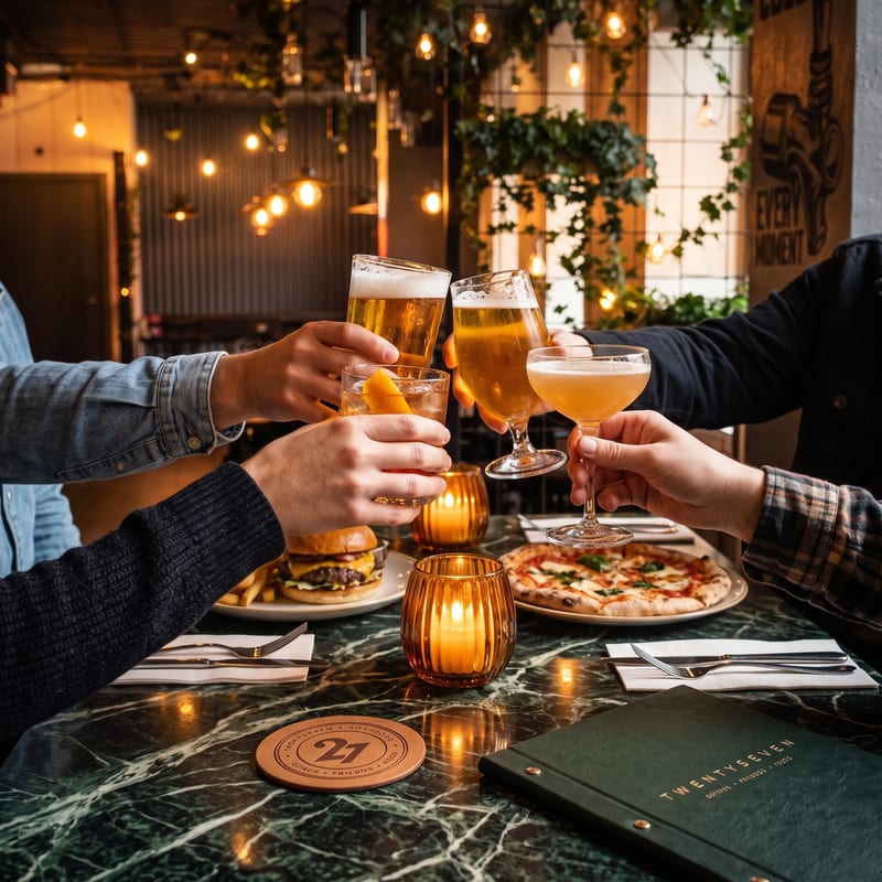 Vänner som skålar med färgglada craft cocktails runt bistrobordet