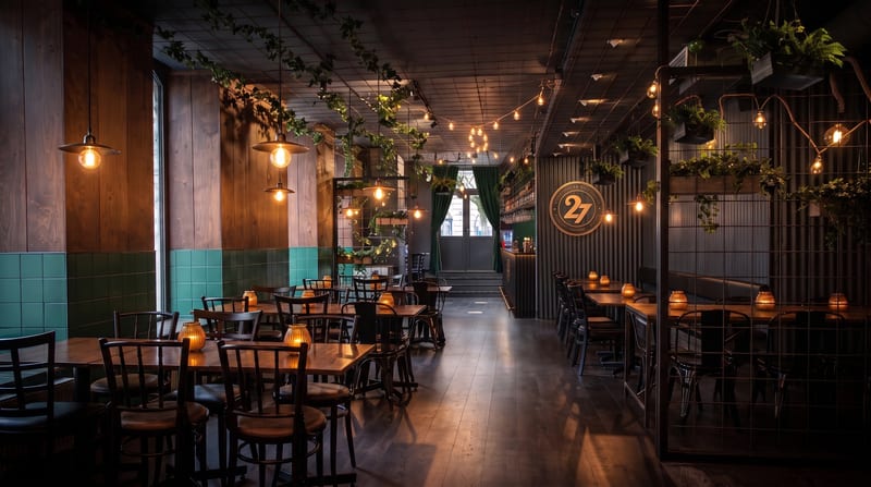 Stämningsfull matsal med lädersoffor och dämpad bistroatmosfär