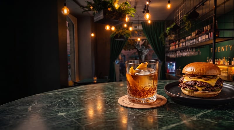 Saftig smashburger serverad tillsammans med en smoked bourbon-cocktail